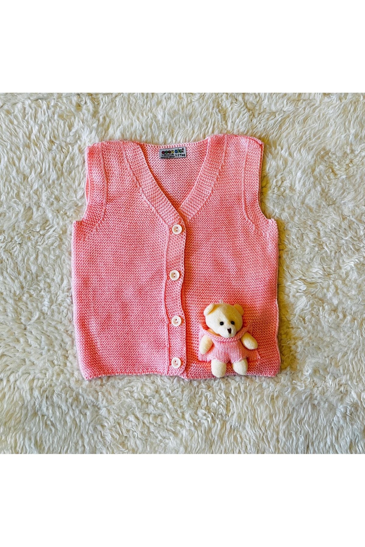 Ekru Ponponlu Kurdeleli Kız Bebek Çocuk Triko Yelek Ayıcıklıpembe - 0-1 Yaş