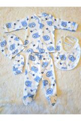 Mavi Baby Ayıcık Desenli 6 Parça Battaniyeli Yenidoğan Pamuk Takım Hastane Çıkışı Ekrumickey - 0-6 Ay