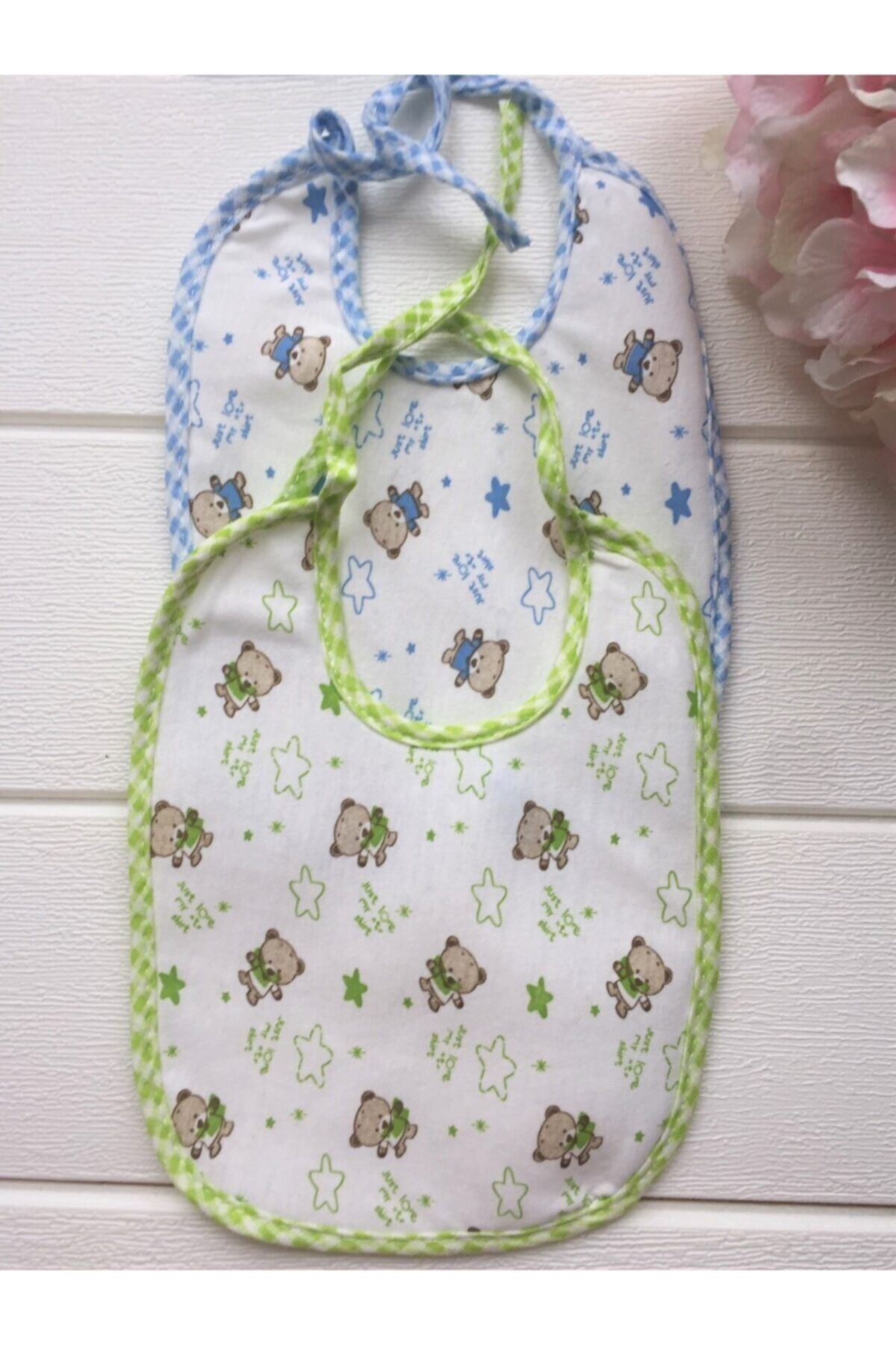 Unisex Bebek Yeşil Mavi Ayıcık Baskılı Mama Önlüğü 2'li