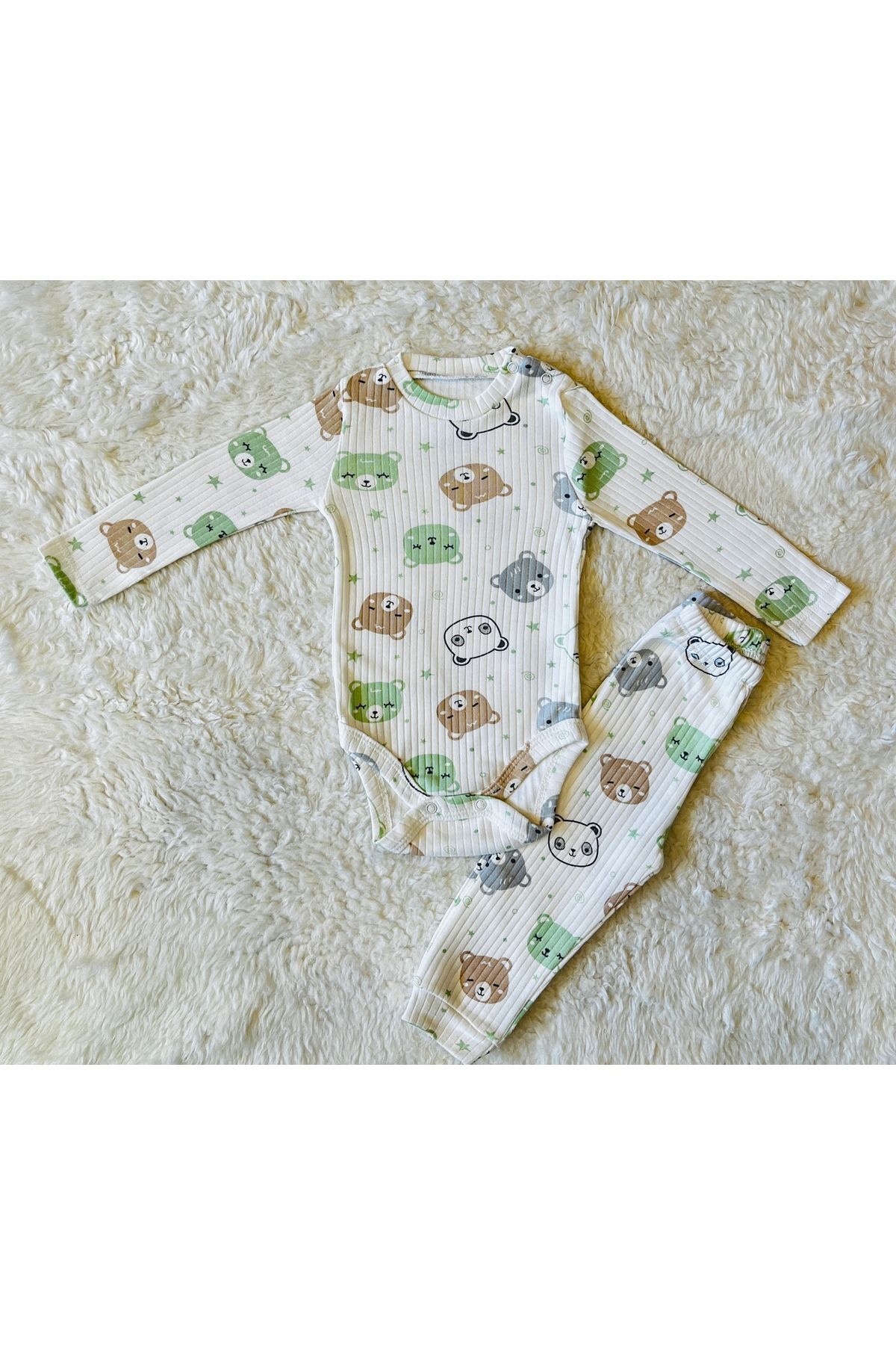 Mavi Baby Ayıcık Desenli 6 Parça Battaniyeli Yenidoğan Pamuk Takım Hastane Çıkışı Kafkas Yeşil Ayıcık - 6-9 Ay