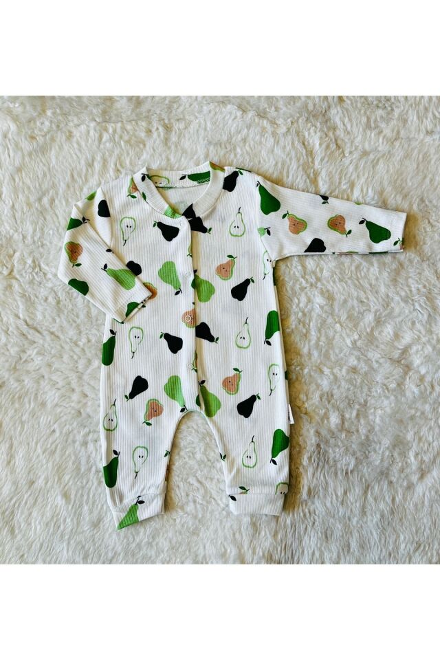 Yeşil Organik Kız Erkek Bebek Pamuk Kumaş Çıtçıtlı Tulum Avokado-Kalp - 6-9 Ay