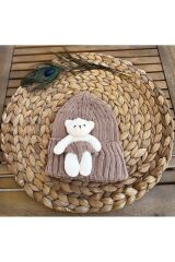 1-8 Yaşa Uyumlu Ayıcıklı Bebek Çocuk Yün Triko Şapka Bere Ayıcıklı-Vizon - Standart
