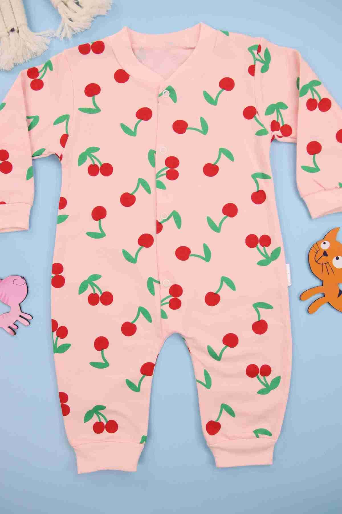 Kiraz Desenli Pembe Kız Bebek Tulum