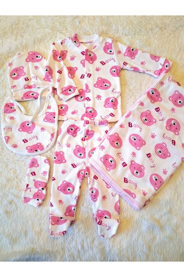 Pembe Baby Ayıcık Desenli 6 parça battaniyeli Yenidoğan Pamuk Takım Hastane Çıkışı Ekrumickey - 0-6 Ay