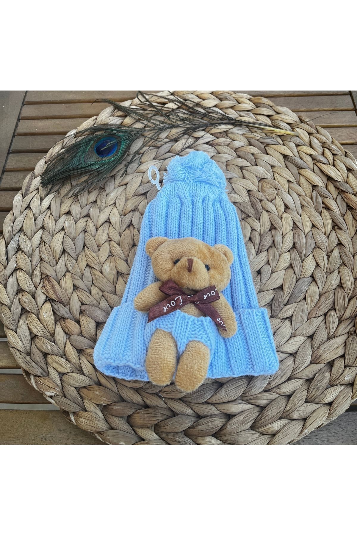 1-8 Yaşa Uyumlu Ayıcıklı Bebek Çocuk Yün Triko Şapka Bere Ponponlu-Ayıcıklı-Mavi - Standart