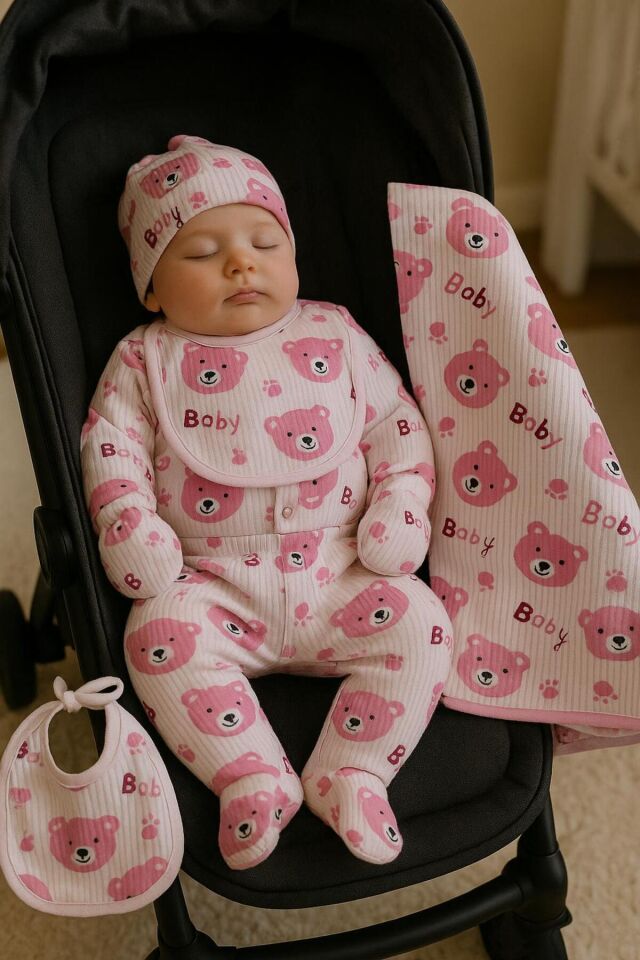 Pembe Baby Ayıcık Desenli 6 parça battaniyeli Yenidoğan Pamuk Takım Hastane Çıkışı Ekrumickey - 0-6 Ay