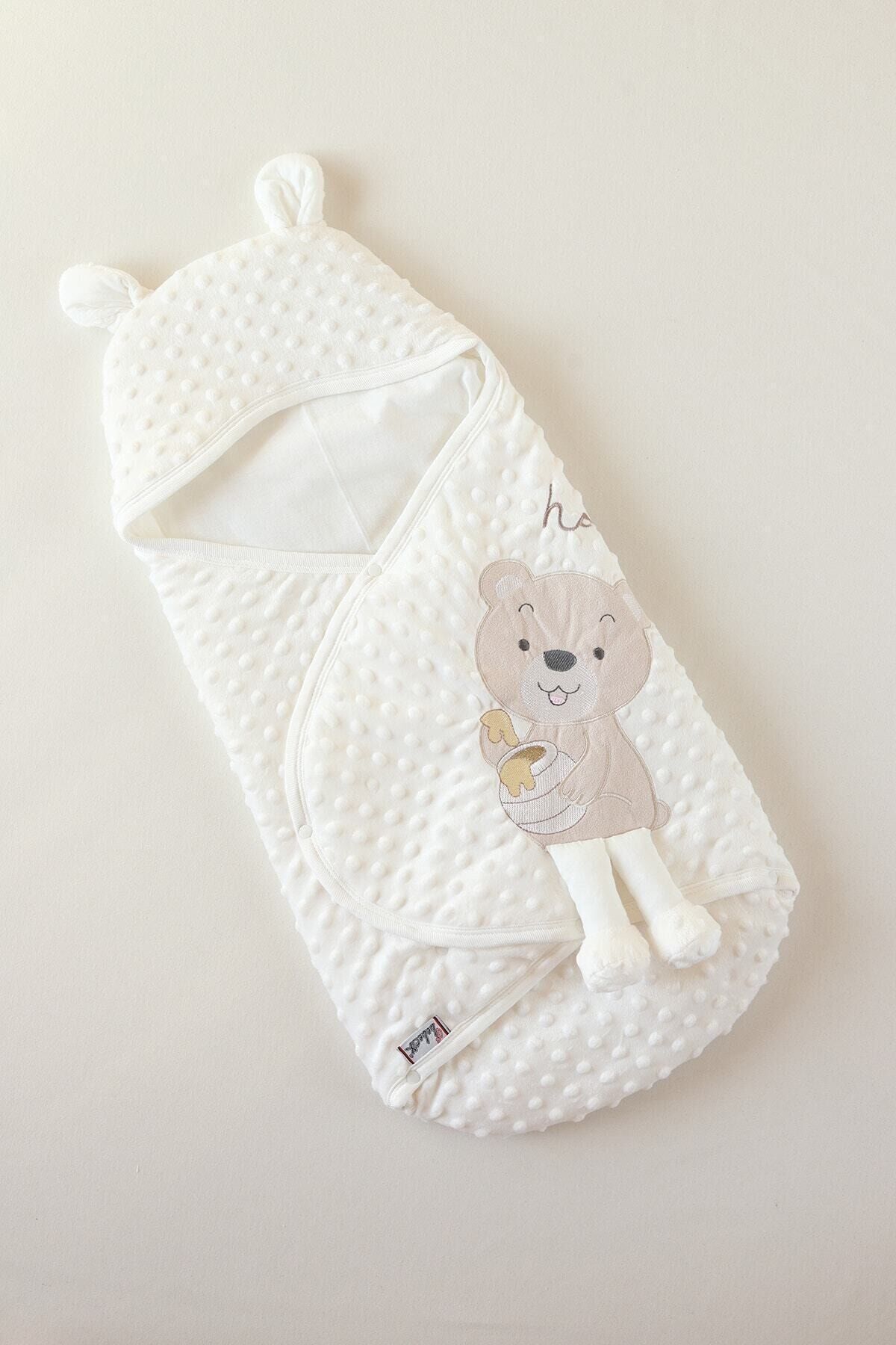 Unisex Bebek Beyaz Sevimli Topitos Nakışlı Velboa Kundak Krem