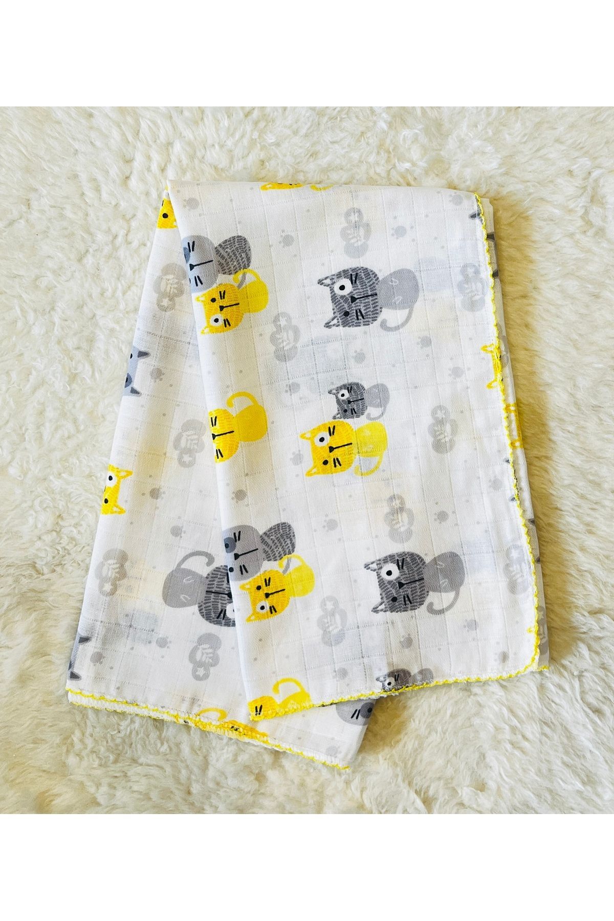 Kız Erkek Bebek Müslin Kundak Battaniye Sarı Kedi