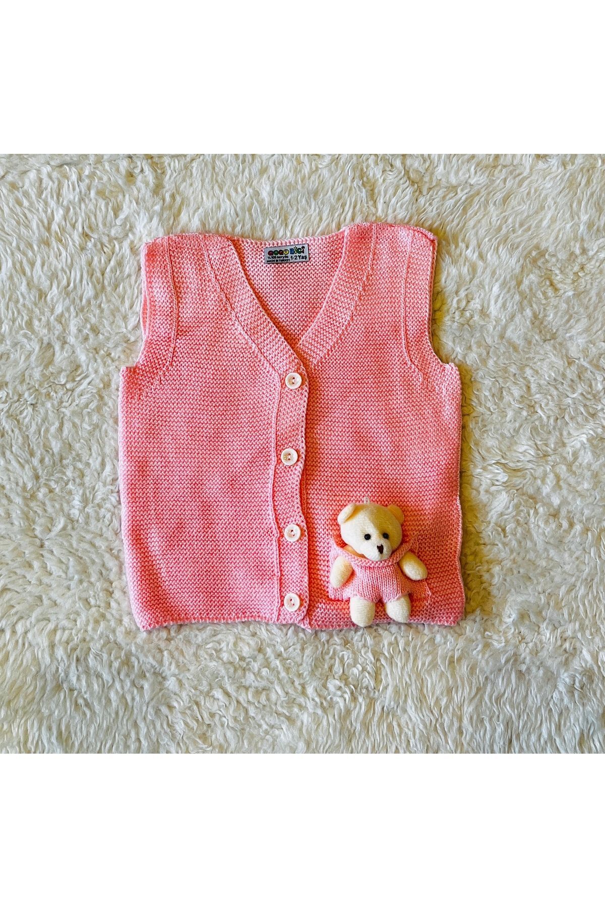 Ekru Ponponlu Kurdeleli Kız Bebek Çocuk Triko Yelek Ayıcıklıpembe - 2-3 Yaş