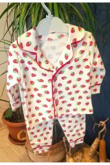 Çilekli ikili bebek takım Düğmeli pijama takım Kırmızı - 6-9
