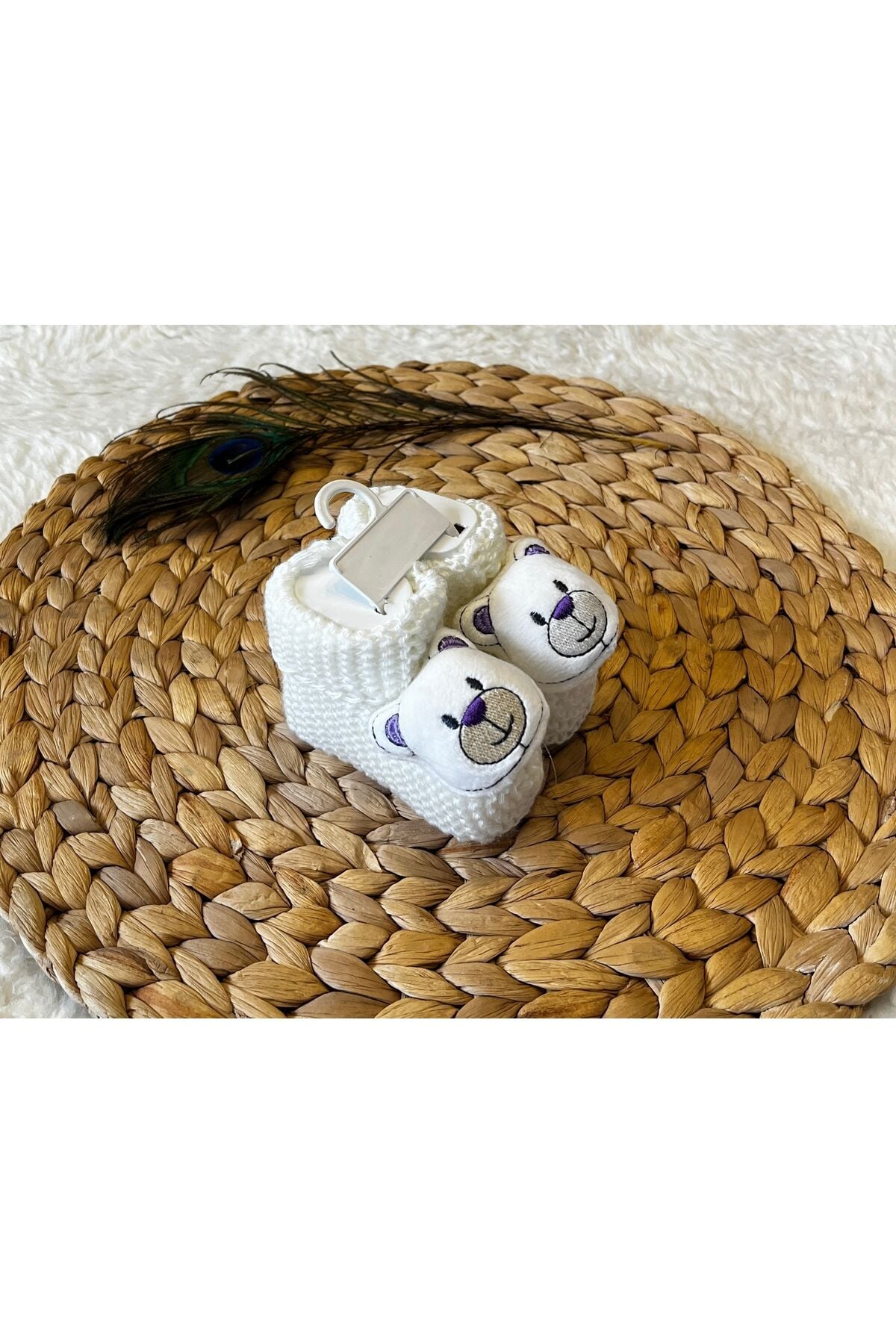 Ayıcıklı Ekru Kız Erkek Bebek Triko Patik