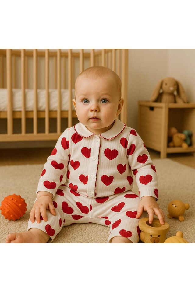 Büyük kalpli kol figürlü bebek pijama takımı Kırmızı - 6 Ay