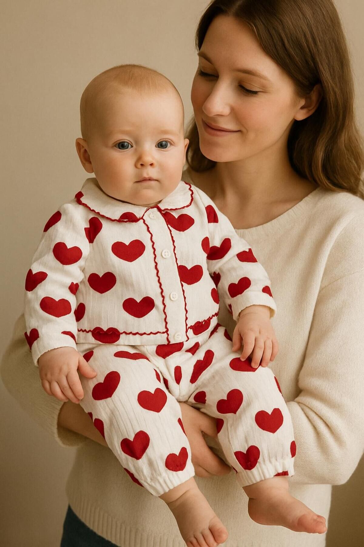 Büyük kalpli kol figürlü bebek pijama takımı Kırmızı - 6 Ay