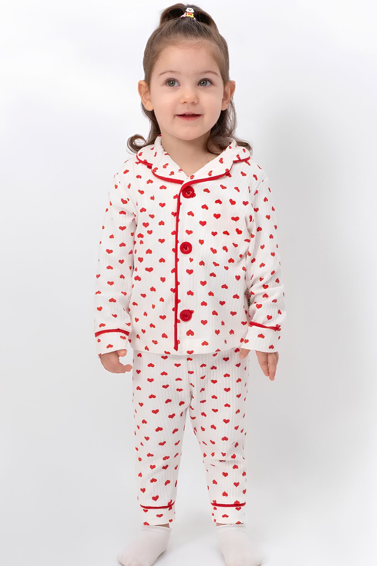 Kalp Baskılı Kız Bebek Pijama Takımı Beyaz/Kırmızıkalp - 6-9 Ay