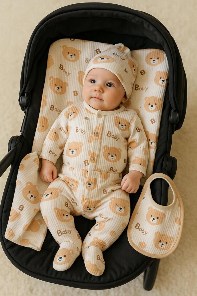 Kahve 5li Fitilli Pamuk Kumaş Erkek Kız Bebek Takım Hastane Çıkışı Ekrumickey - 0-6 Ay