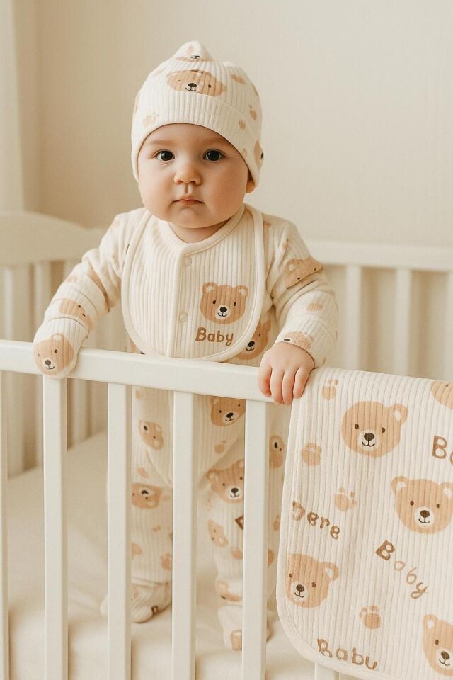 Kahve 5li Fitilli Pamuk Kumaş Erkek Kız Bebek Takım Hastane Çıkışı Ekrumickey - 0-6 Ay