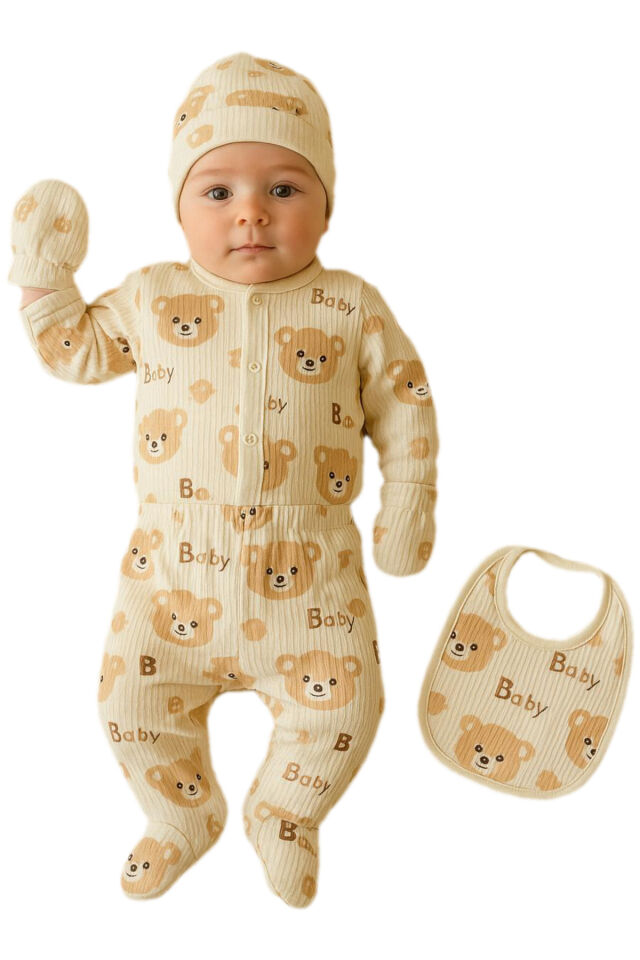 Kahve 5li Fitilli Pamuk Kumaş Erkek Kız Bebek Takım Hastane Çıkışı Ekrumickey - 0-6 Ay