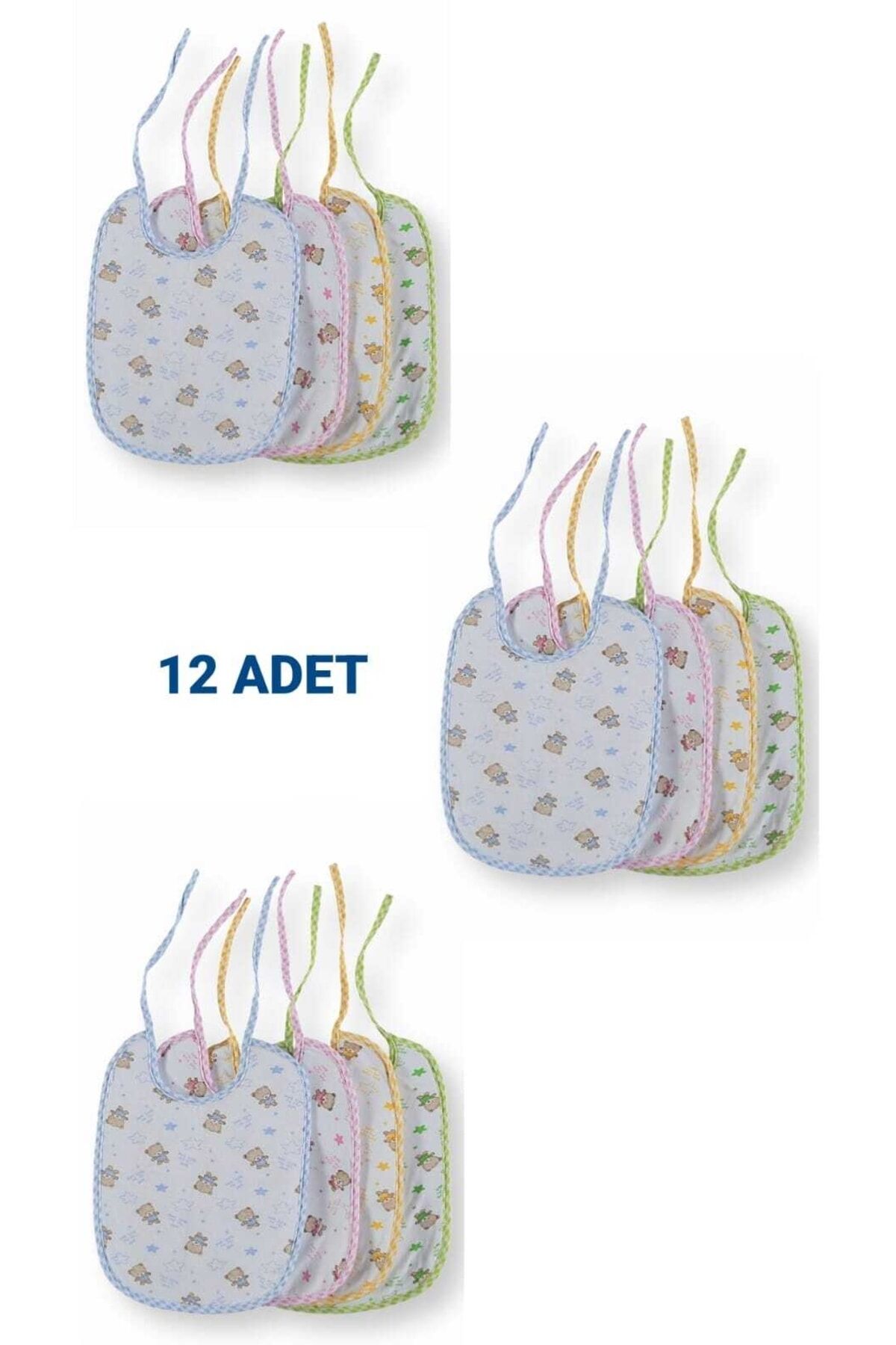 12'li Bebek Mama Önlüğü 0-12 Ay Ayıcık Desenli Arkası Muşambalı Su Geçirmez 20x24 Cm