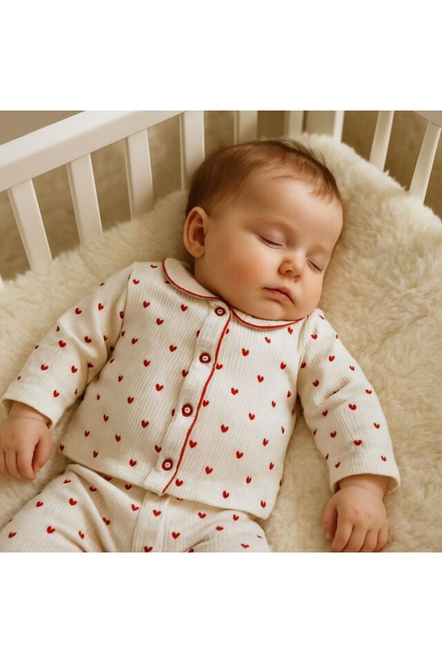 Kol figürlü kalpli fitilli bebek çocuk pijama takımı Kırmızı - 3 Ay