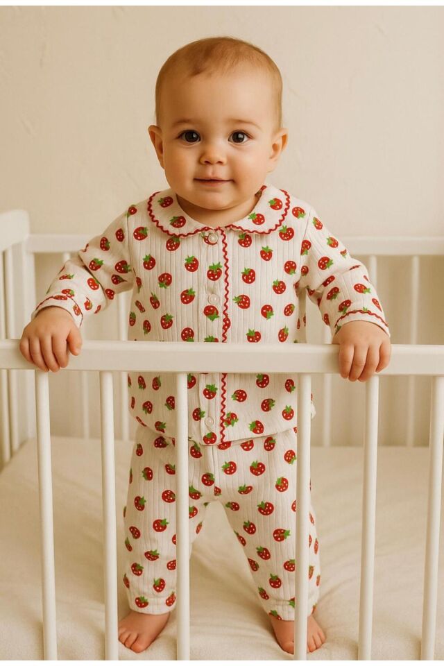 Kol figürlü Çilek desenli bebek çocuk pijama takımı Kırmızı - 9 Ay