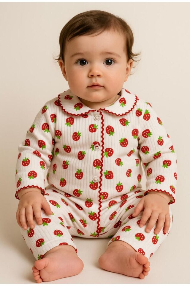 Kol figürlü Çilek desenli bebek çocuk pijama takımı Kırmızı - 9 Ay