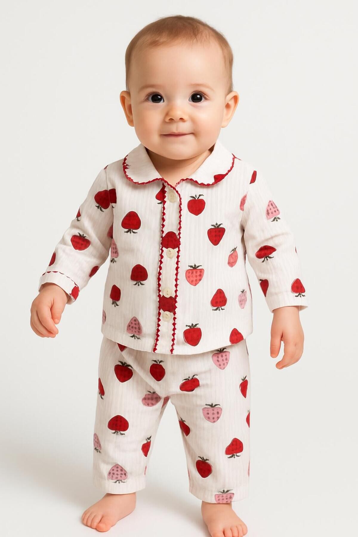 Kol figürlü Çilek desenli bebek çocuk pijama takımı Kırmızı - 9 Ay