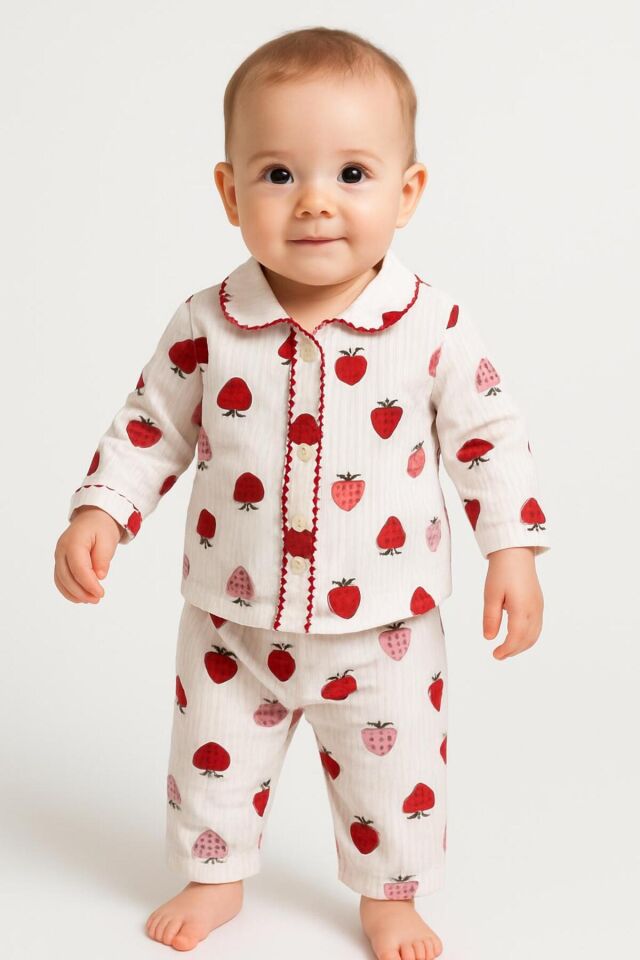 Kol figürlü Çilek desenli bebek çocuk pijama takımı Kırmızı - 6 Ay