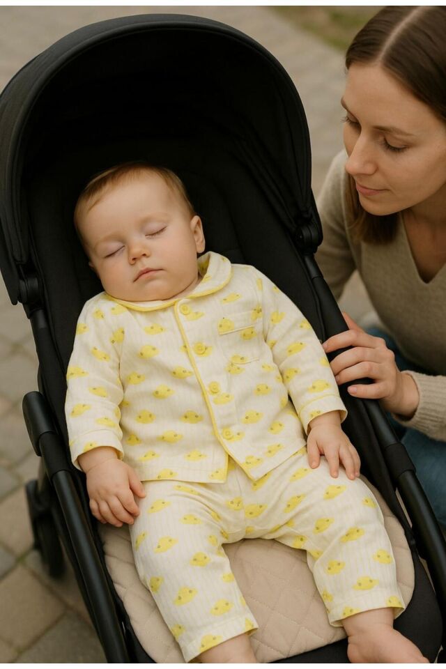Sarı Rahat Kumaş Önden Çıtçıtlı Fitilli Kumaş Ikili Bebek Takım Gri - 0-3 Ay