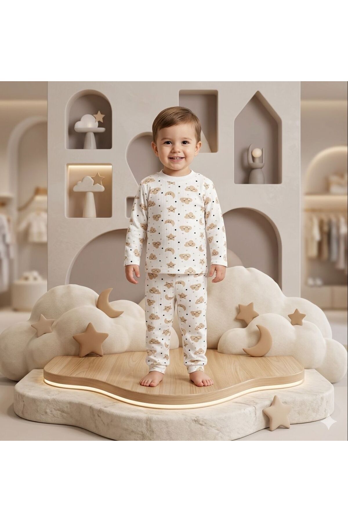 %100 Pamuklu Desenli Milano Bebek ve Çocuk Pijama Takımı Not:Bir beden büyük tercih ediniz. Kremkahvebulut - 1 Yaş