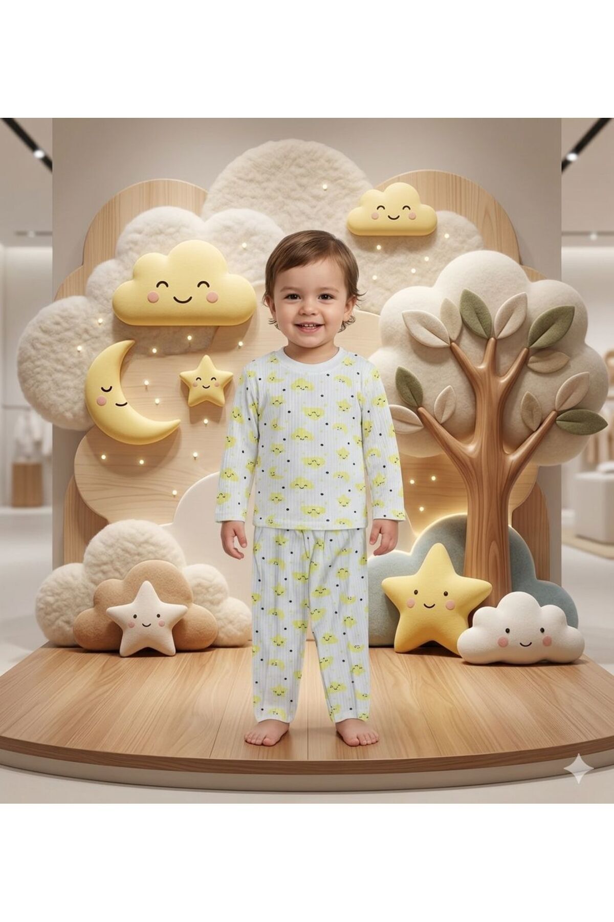 %100 Pamuklu Desenli Milano Bebek ve Çocuk Pijama Takımı Not:Bir beden büyük tercih ediniz. Sarıbulut - 3 Yaş
