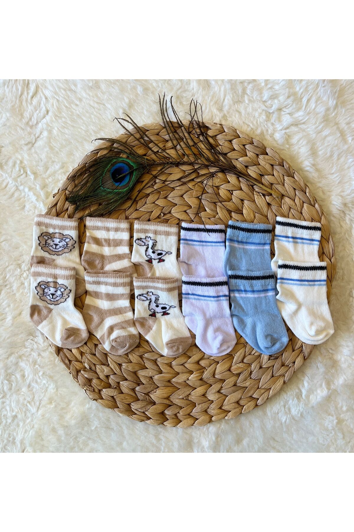 3’lü Yenidoğan Organik Kız Erkek Bebek Çorap Animal+Çizgili - Yeni Doğan