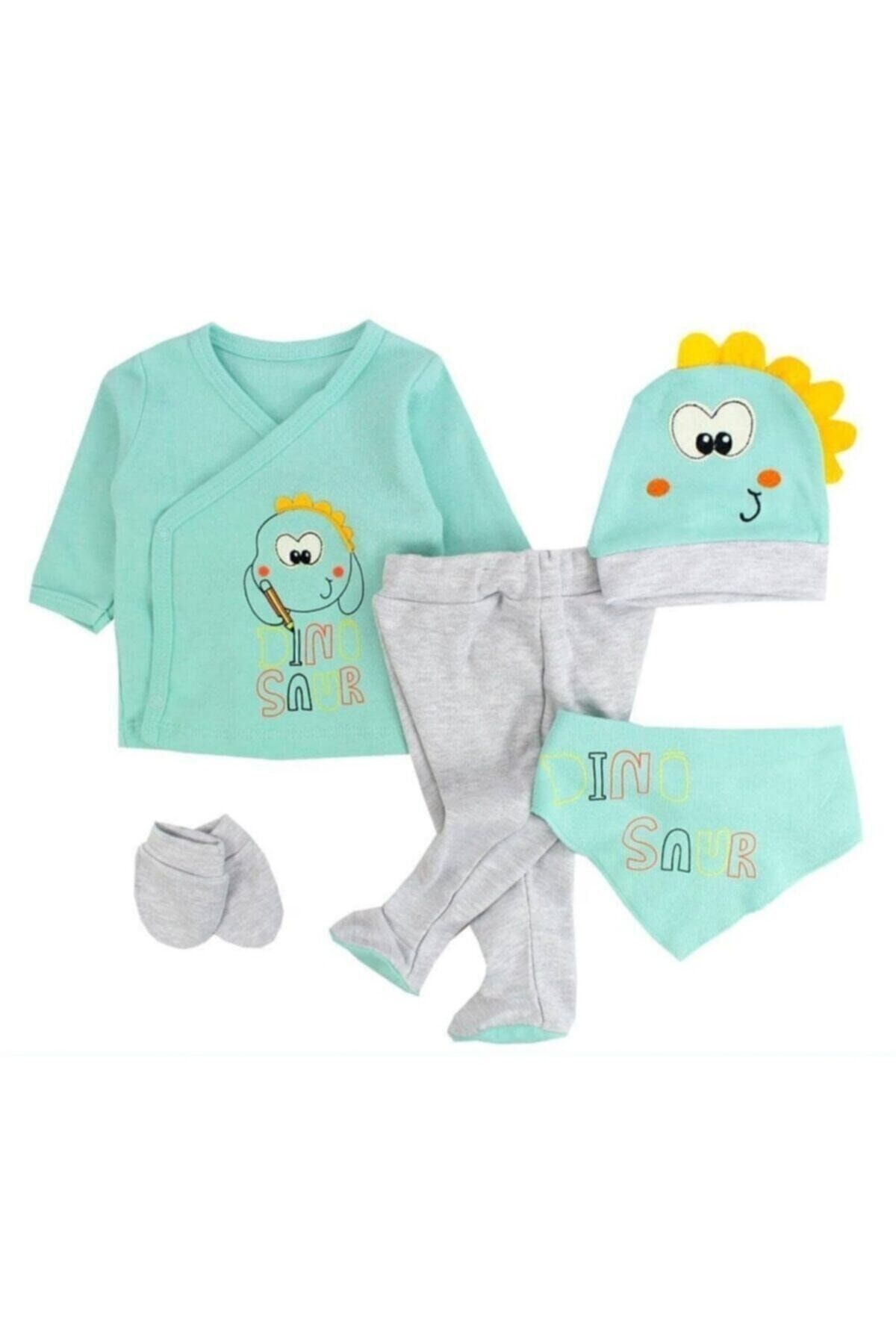 Unisex Yeşil Yenidoğan Dino Saur 5'li Hastane Çıkışı Zıbın Set
