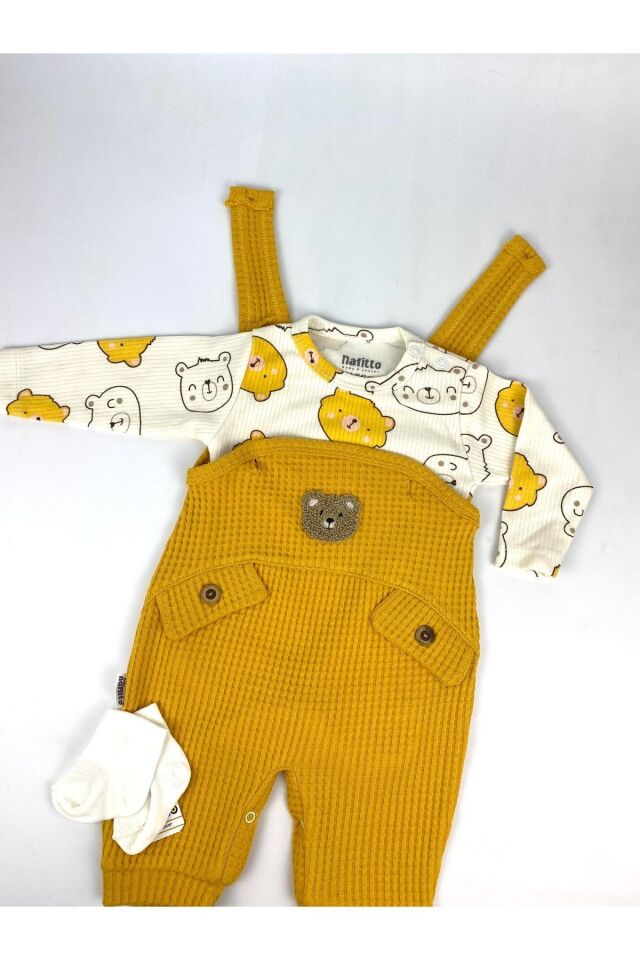 Ayı Nakışlı Erkek Bebek Tulum 3’lü Tulum Seti – Zıbın, Tulum Ve Çorap | 3-6-9 Ay Bebek Kıyafeti Hardal - 9 Ay