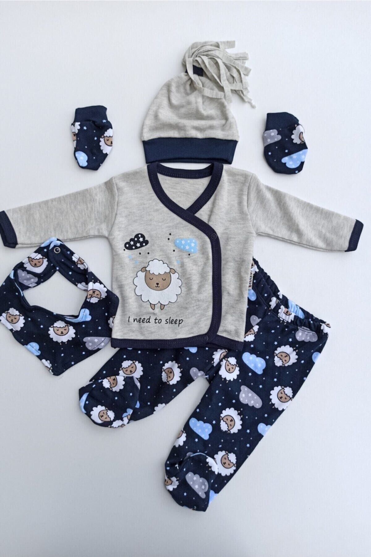 Erkek Bebek Gri Kuzu Baskılı 5 Li Hastane Çıkışı Zıbın Set