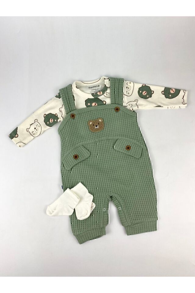 Ayı Nakışlı Erkek Bebek Tulum 3’lü Tulum Seti – Zıbın, Tulum Ve Çorap | 3-6-9 Ay Bebek Kıyafeti Yeşil - 3 Ay