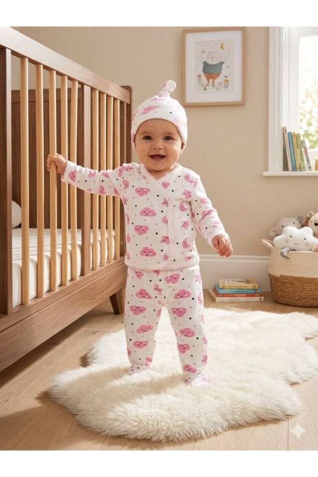 0-3 Ay Bebek Takımları, Bebek Zıbın, Patikli Pantolon, Şapka 3'lü Set, Kız Bebek Takımları