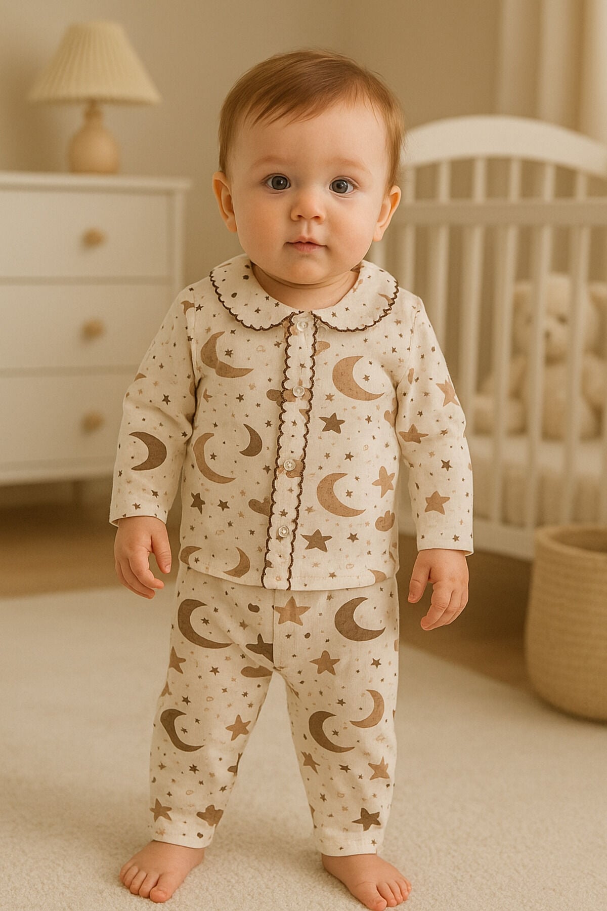 %100 Pamuk Bebek Yenidoğan Çocuk Kız Erkek Pijama Takımı Altınkahveyıldız - 0-6 Ay