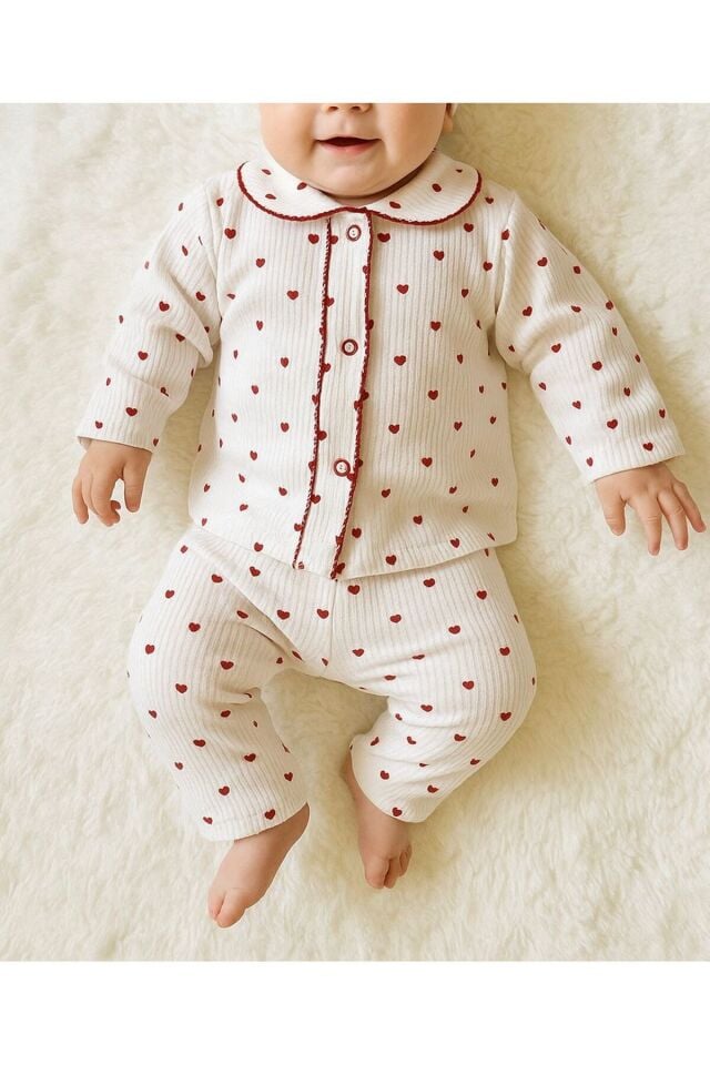 %100 Pamuk Bebek Yenidoğan Çocuk Kız Erkek Pijama Takımı Kırmızıkalpfitil - 0-6 Ay