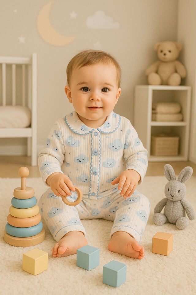 %100 Pamuk Bebek Yenidoğan Çocuk Kız Erkek Pijama Takımı Mavibulutlu - 0-6 Ay