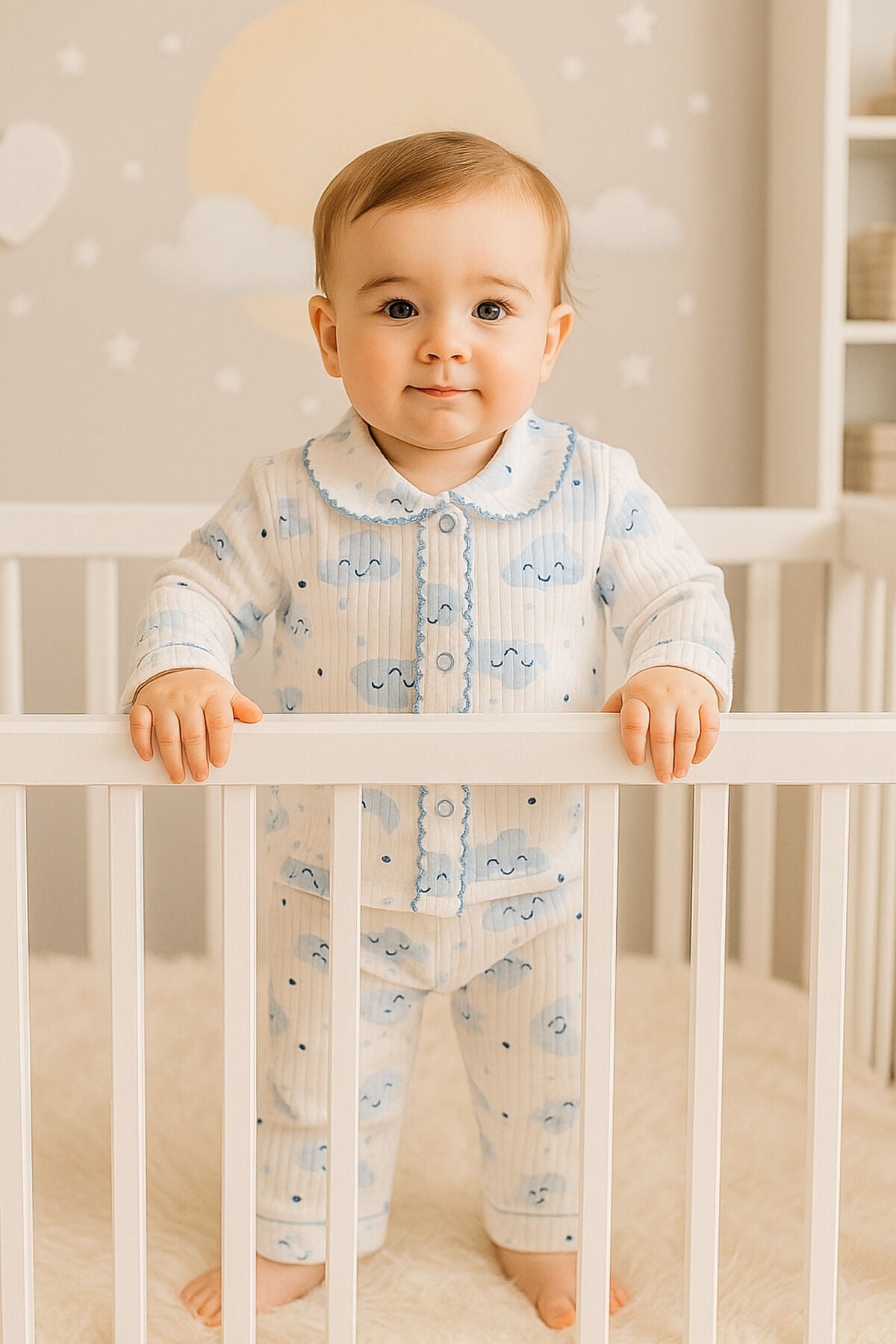 %100 Pamuk Bebek Yenidoğan Çocuk Kız Erkek Pijama Takımı Mavibulutlu - 0-6 Ay
