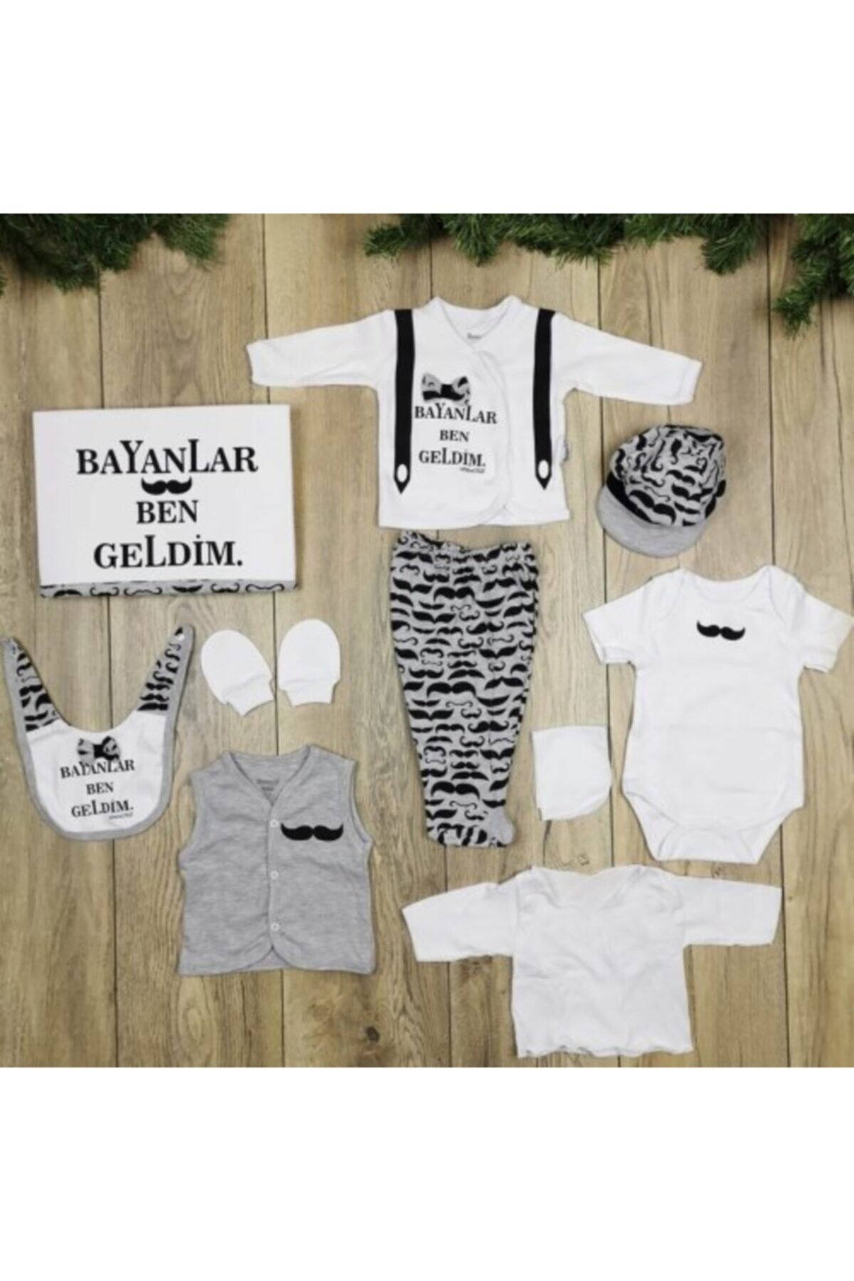 Bebek Gri Yeni Doğan Zıbın Bıyık Temalı Hastane Çıkış Seti