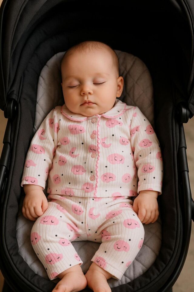 %100 Pamuk Bebek Yenidoğan Çocuk Kız Erkek Pijama Takımı Beyazpembebulutlu - 0-6 Ay