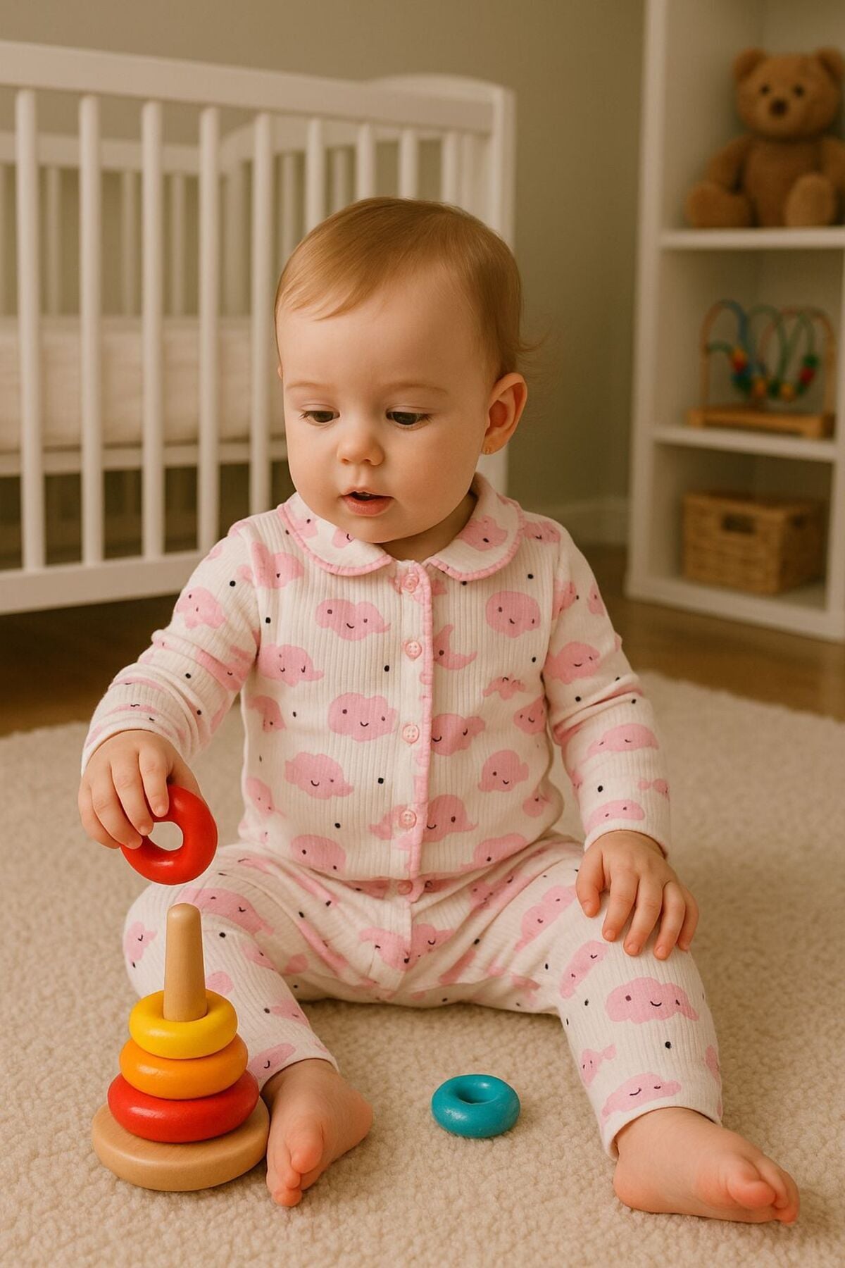 %100 Pamuk Bebek Yenidoğan Çocuk Kız Erkek Pijama Takımı Beyazpembebulutlu - 0-6 Ay