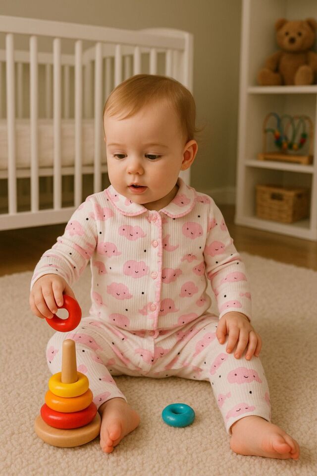 %100 Pamuk Bebek Yenidoğan Çocuk Kız Erkek Pijama Takımı Beyazpembebulutlu - 0-6 Ay