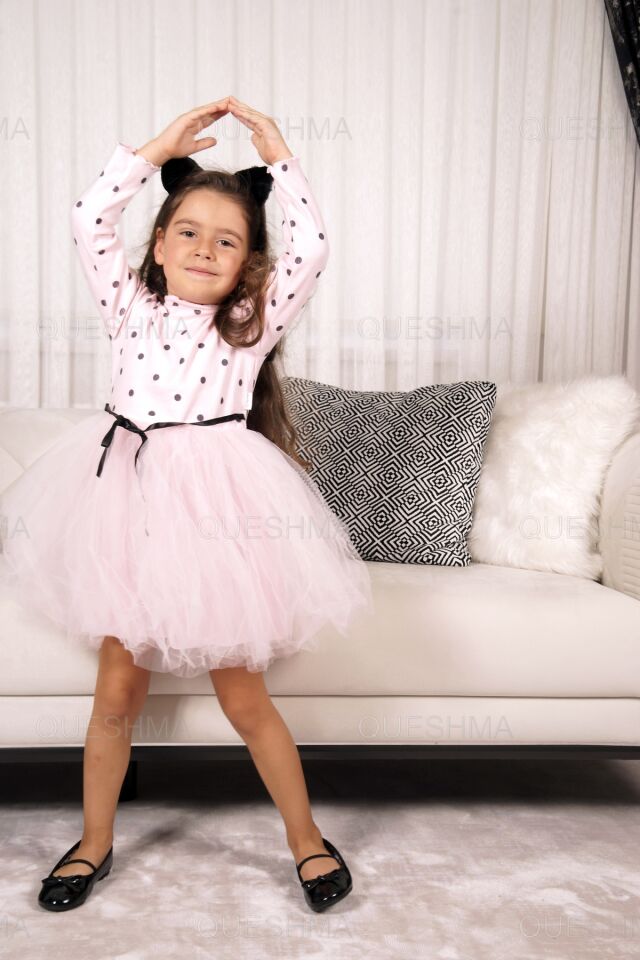 Kız Bebek Çocuk Prenses Kabarık Tütü Elbise Puantiyeli Uzun Kol Esnek Likralı Pudra Pembe Pembe - 6-9 Ay