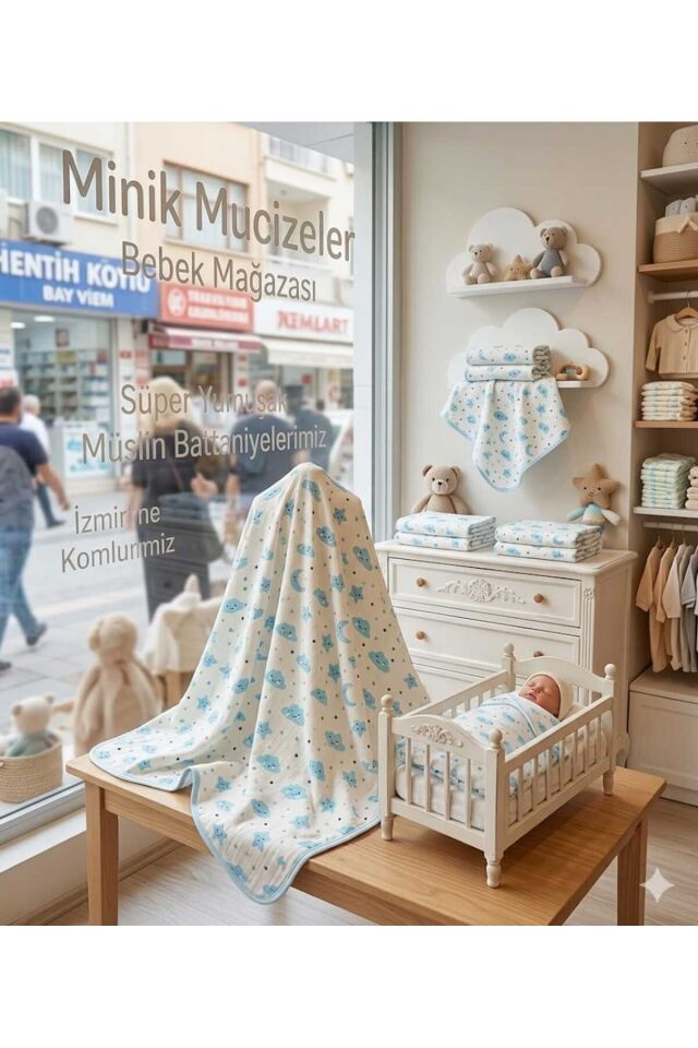 Mavi baby fitilli kumaş organik bebek kundak battaniyesi Yeşil-Agaclı