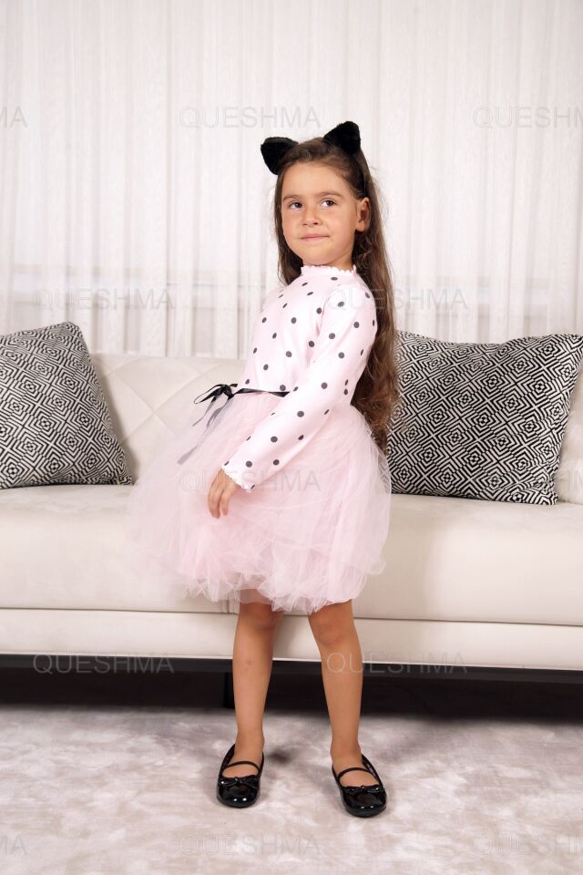 Kız Bebek Çocuk Prenses Kabarık Tütü Elbise Puantiyeli Uzun Kol Esnek Likralı Pudra Pembe Pembe - 1-2 Yaş