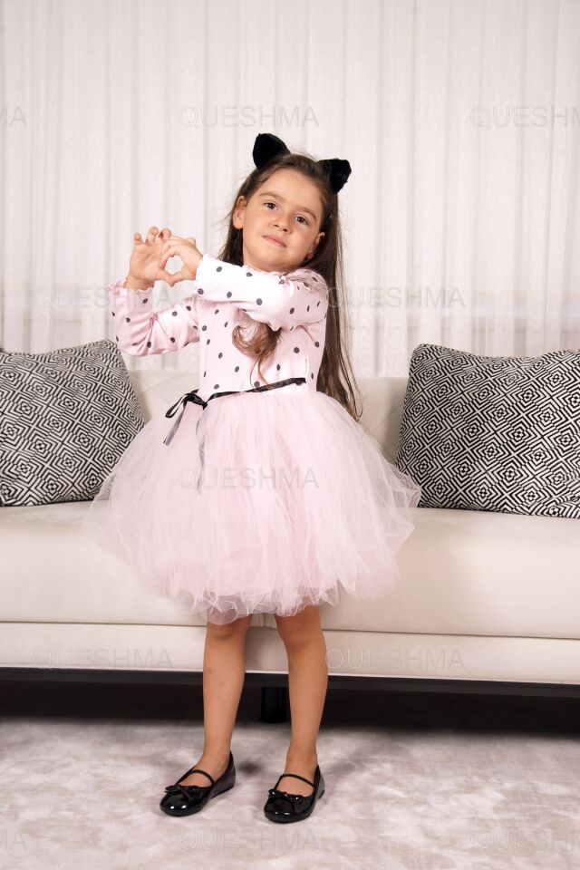 Kız Bebek Çocuk Prenses Kabarık Tütü Elbise Puantiyeli Uzun Kol Esnek Likralı Pudra Pembe Pembe - 1-2 Yaş