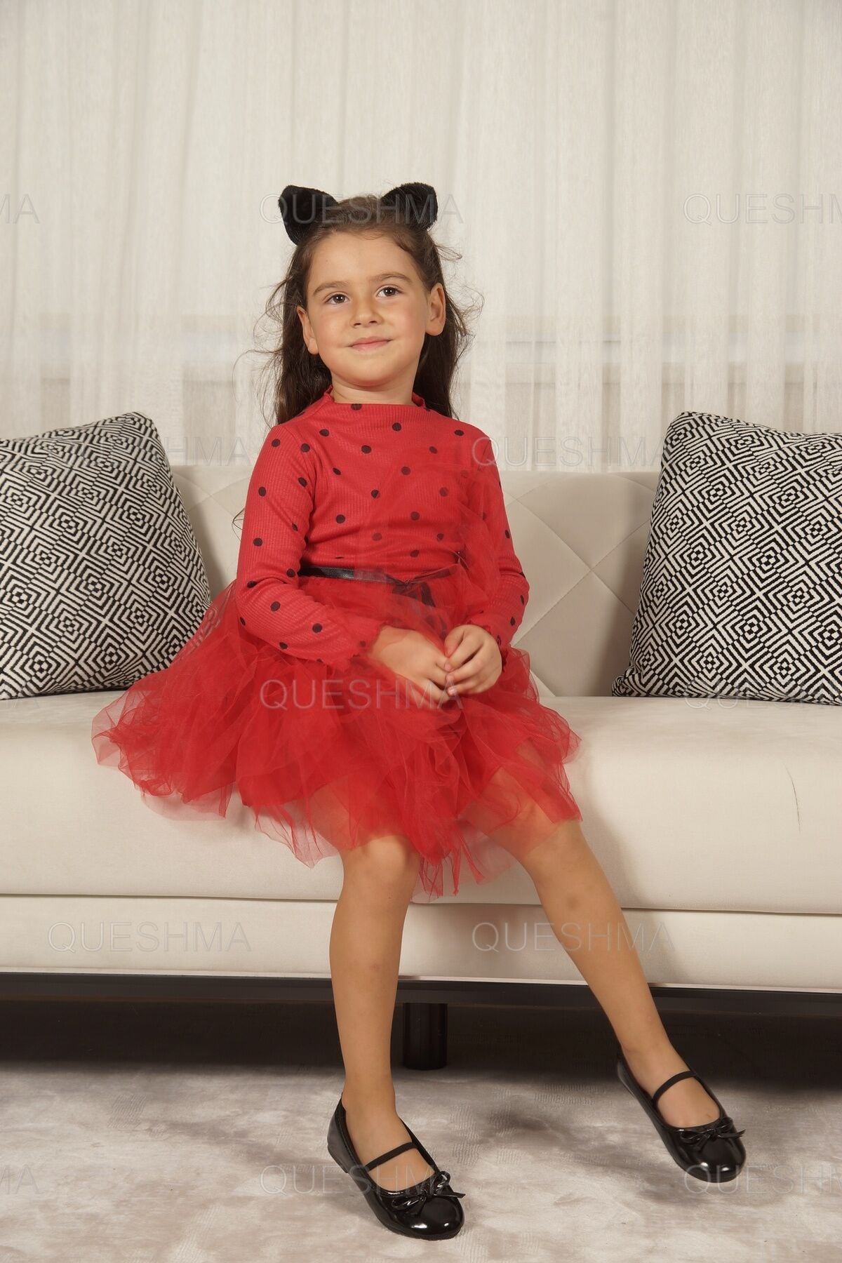 Kız Bebek Çocuk Prenses Kabarık Tütü Elbise Puantiyeli Uzun Kol Esnek Likralı Pudra Pembe Kırmızı - 6-12 Ay