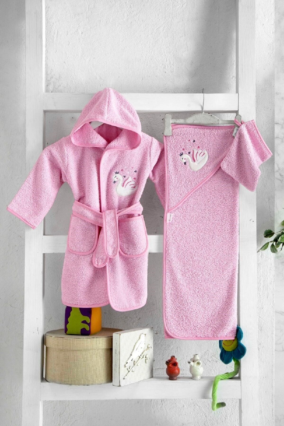 Çocuk Pamuklu Havlu Bornoz Set - Pembe